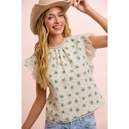 FLOWER PRINTED LACE TRIM EDGE DETAIL BLOUSE TOP: RED FLOWER