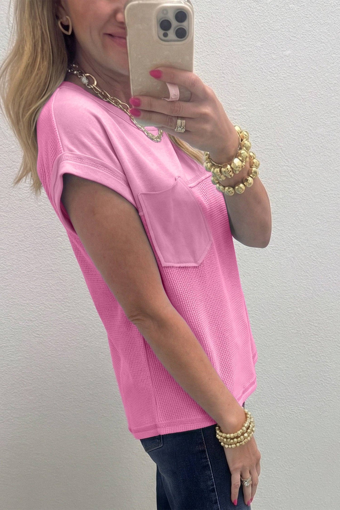 Pink Solid Color Raw Seam Waffled Patchwork Casual T Shirt: Pink / 75%Polyester+25%Cotton
