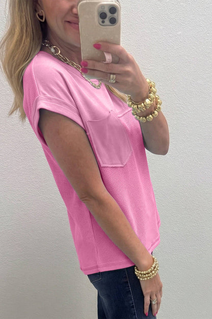 Pink Solid Color Raw Seam Waffled Patchwork Casual T Shirt: Pink / 75%Polyester+25%Cotton
