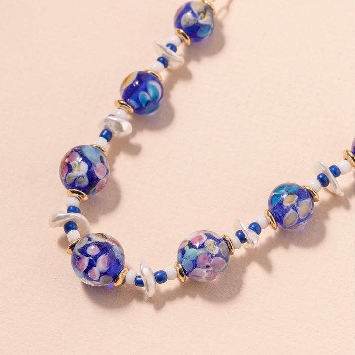 Murano High Quality Glass Beads with Pearl Linked Necklace: Blue
