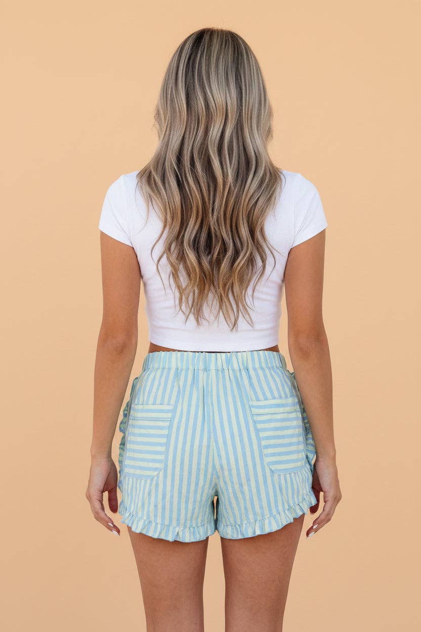 PRETTY BASH Stripe Ruffle Trim Shorts: Sky Blue Stripe