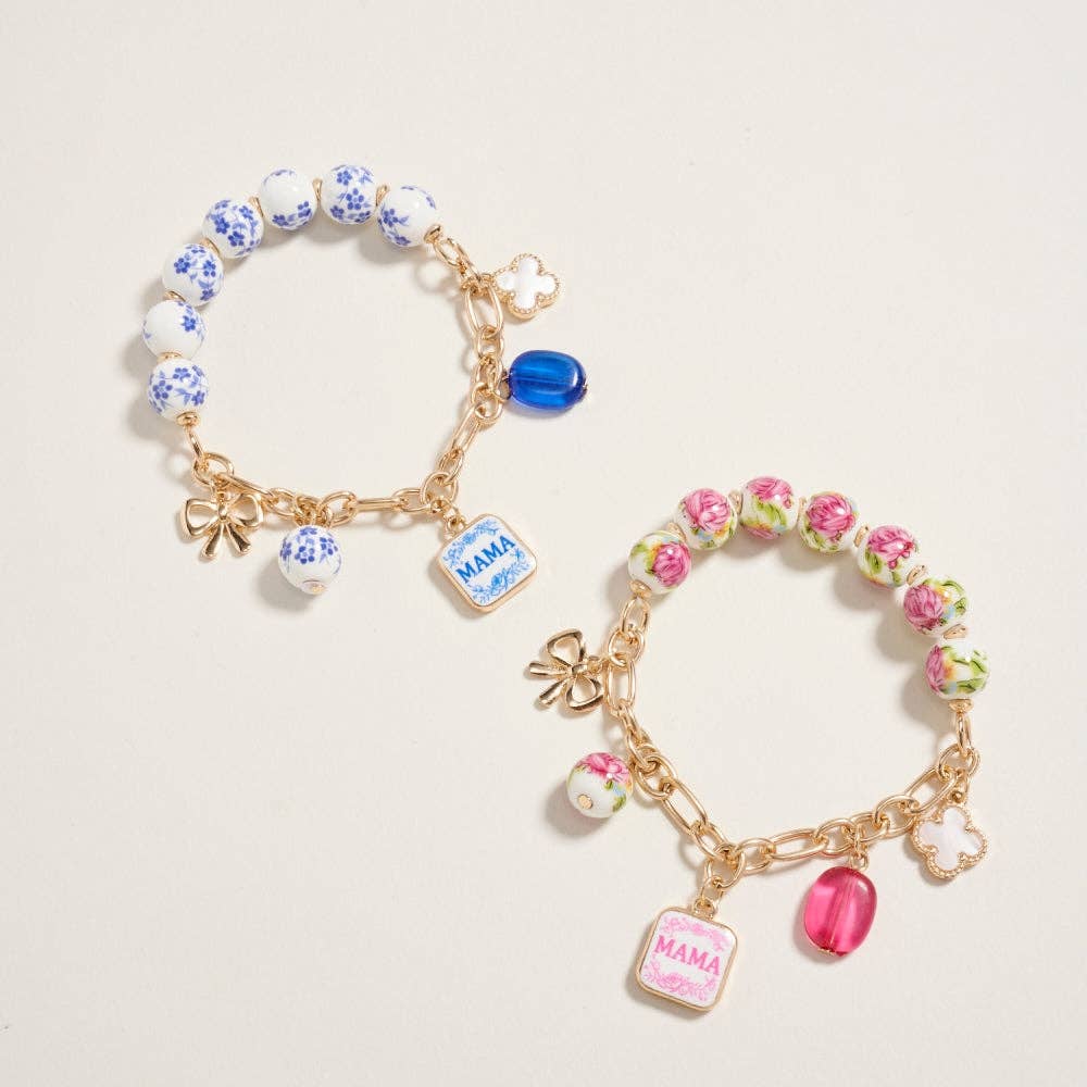 7.25 Inch Ceramic Floral Bead Mama Charm Bracelet: Blue / ONE