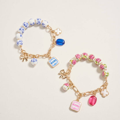 7.25 Inch Ceramic Floral Bead Mama Charm Bracelet: Blue / ONE