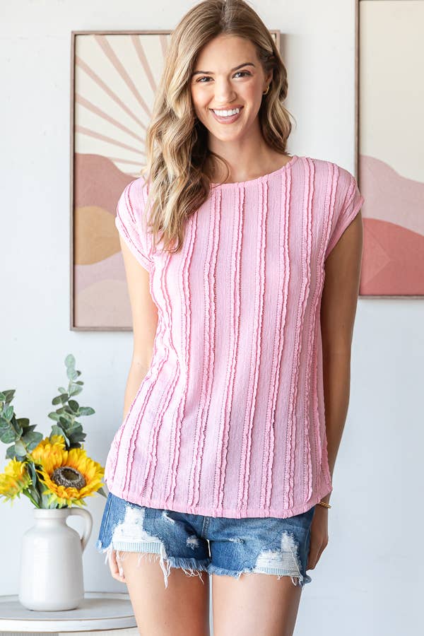 Lightweight Stripe Textured Cap Sleeves Blouse T5948: Pink
