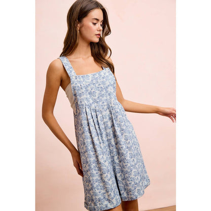 WASHED TWILL FLOWER PRINTED SHORTALL WITH POCKETS: DENIM