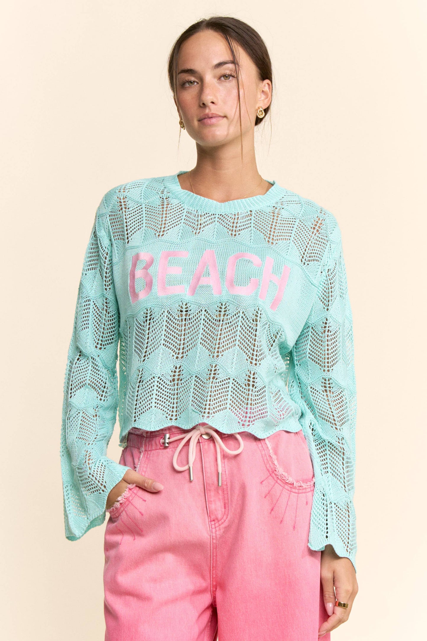 PEARL STONE BEACH LETTERING CROCHET SWEATER TOP: AQUA BLUE