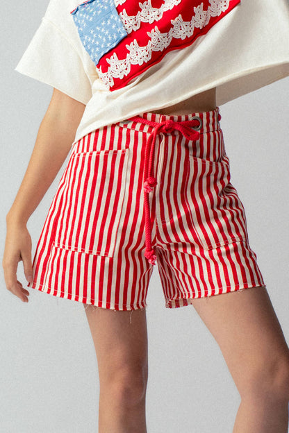 Striped High-Rise Denim Shorts: RED / S-2/M-2/L-2