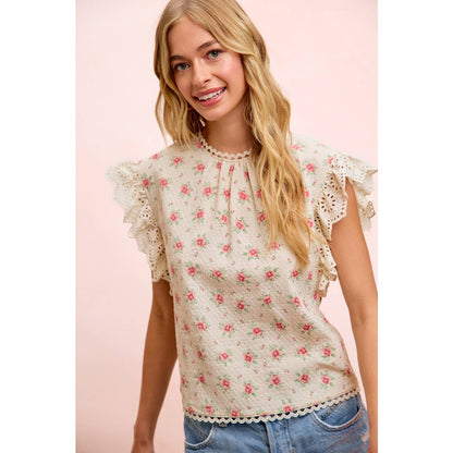 FLOWER PRINTED LACE TRIM EDGE DETAIL BLOUSE TOP: RED FLOWER